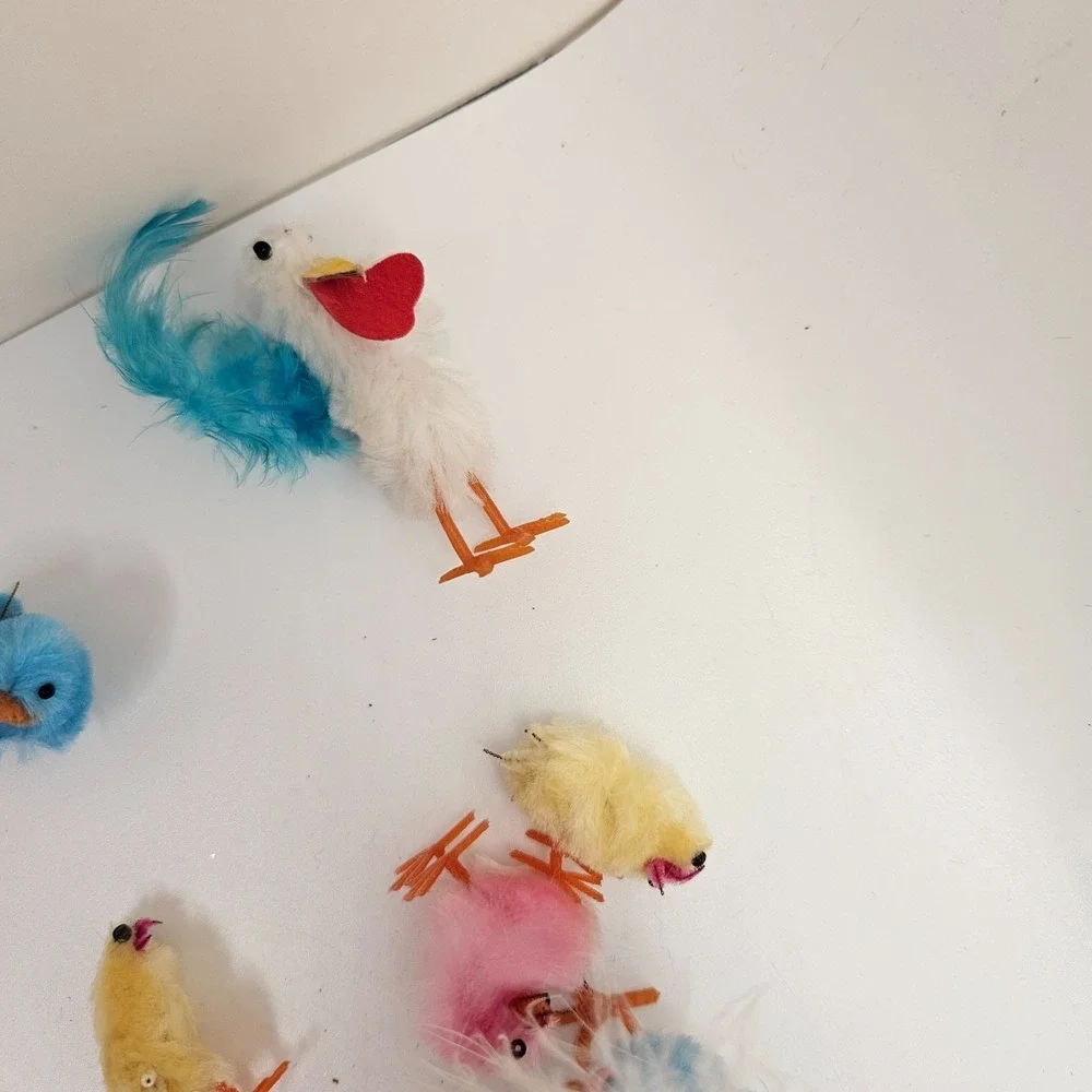 Vintage Flocked Easter Bunny & Chick Lot Feather Chicks Japan Style Spring Decor
